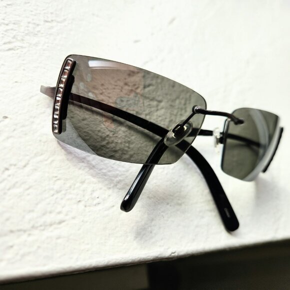 MAX STUDIO Accessories - Y2K Vintage Narrow Slim Sunglasses Rectangular Black Frame with Crystals .